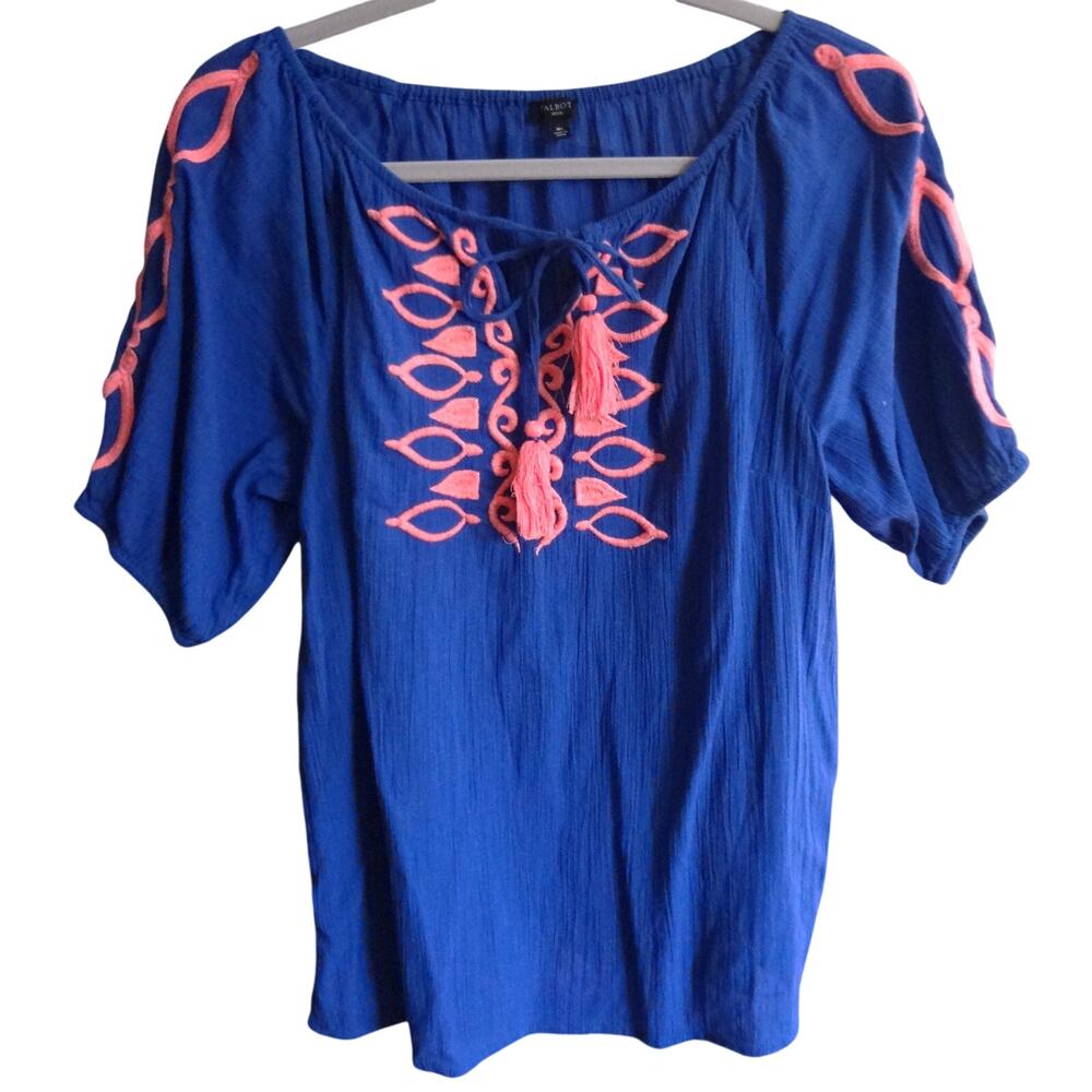 Talbots Blue Pink Gauze Blouse Embroidered Tassel Tie Boho Peasant COTTON MP